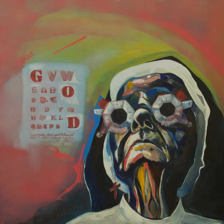 Surreal painting of a person in glasses