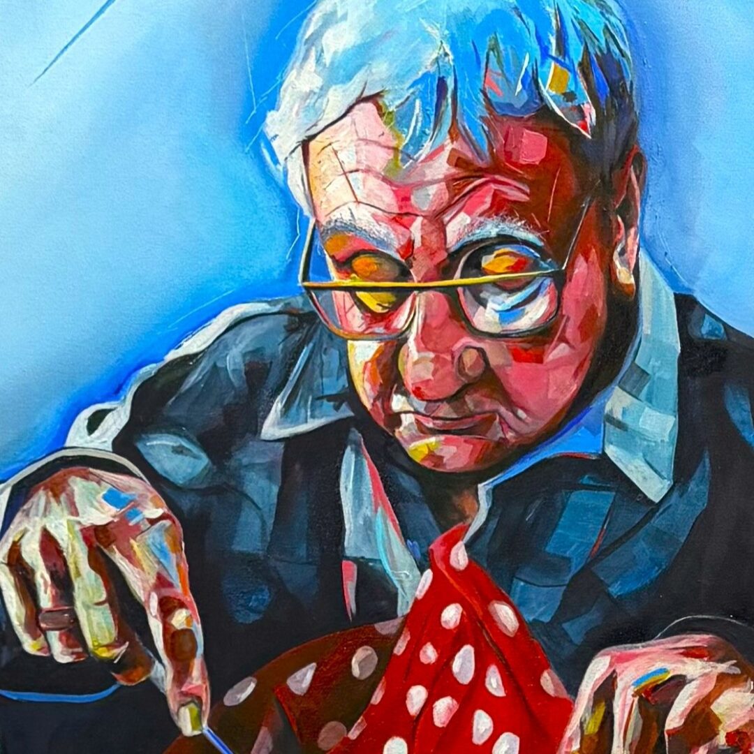 Painting of a man wearing glasses and a red and white polka dot shirt, holding a knife in his hand