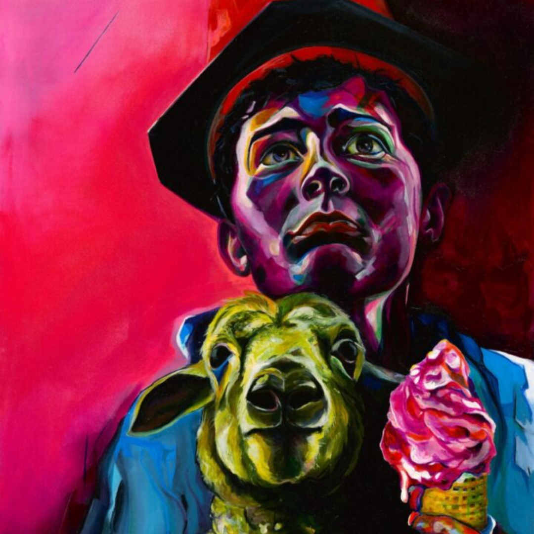 Painting of a boy wearing a hat and holding an ice cream cone in one hand