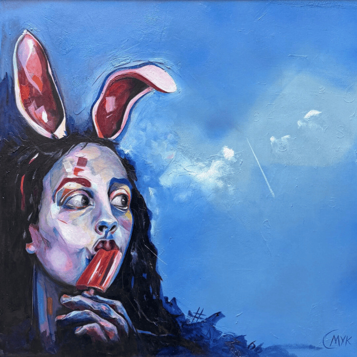 Painting of a woman wearing bunny ears and eating an ice cream, with a blue background
