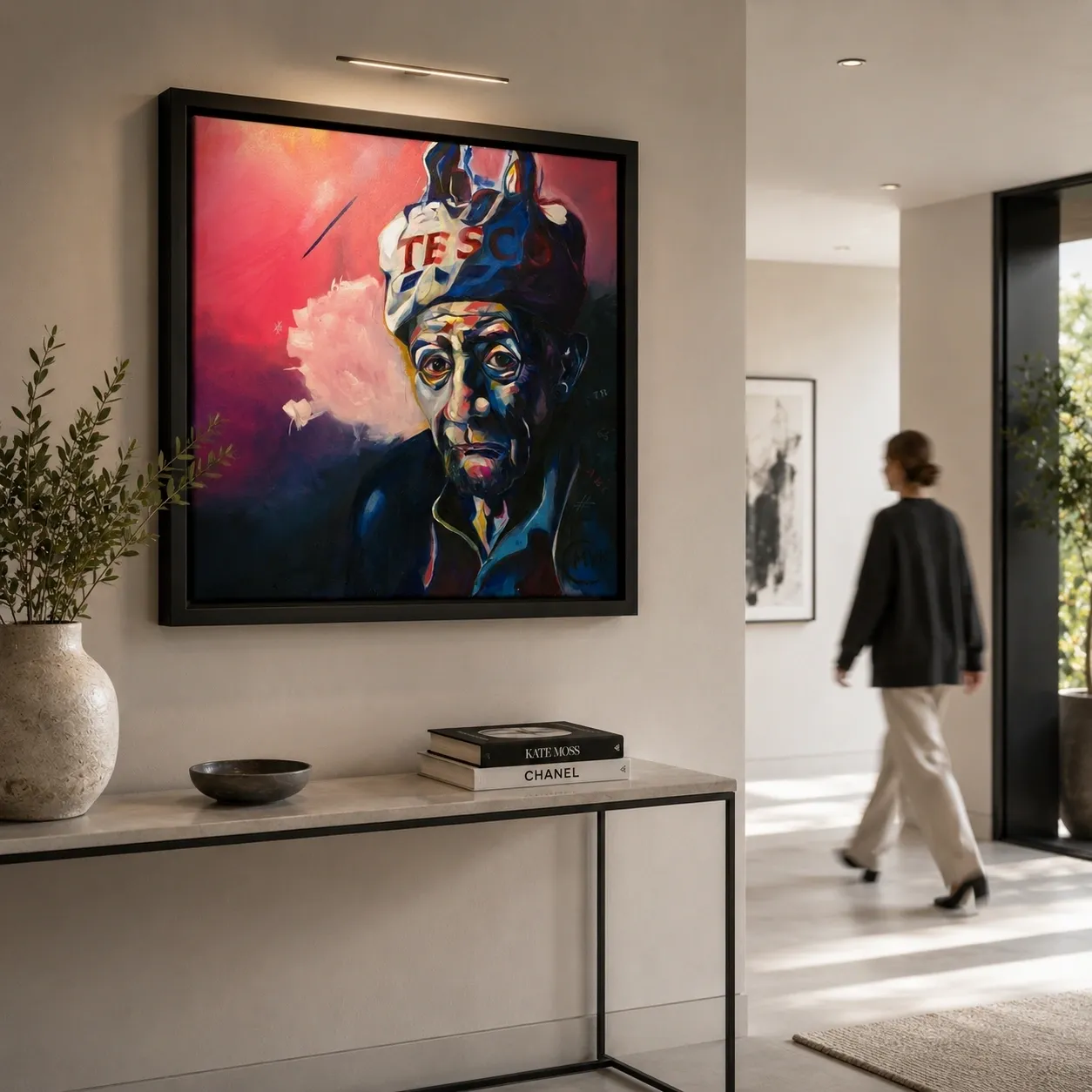 Woman walking past a painting of a man on a wall, framed in a gallery-wrapped canvas