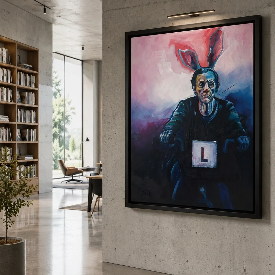 Painting of a man in a bunny suit hanging on the wall in a library