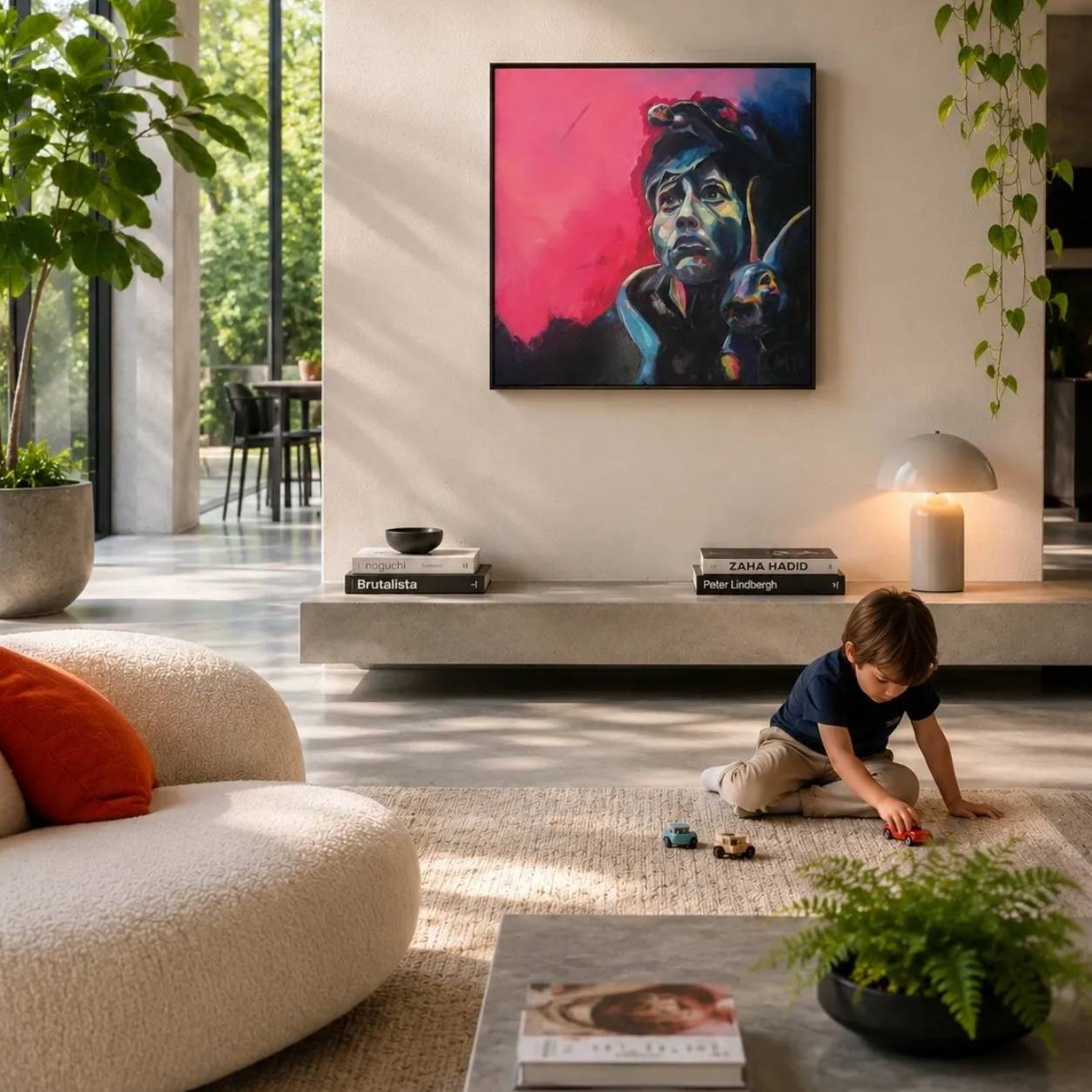 Boy sitting on the floor in front of a painting on the wall