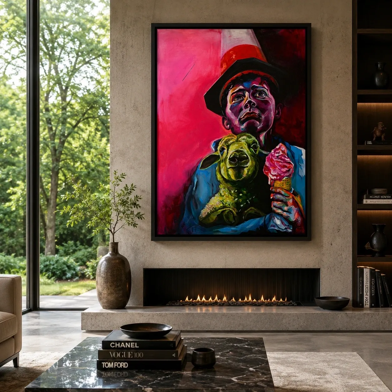 Living room with a fireplace, a painting of a man holding an ice cream cone, a sofa, a table